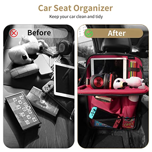 Image of LUCMO Car Backseat Organizer with Foldable Tablet Holder,Red | 6 Storage Pockets,Foldable Food Tray,Protectors Kick Mats,Travel Accessories,Seat Cover,Road Trip Essentials