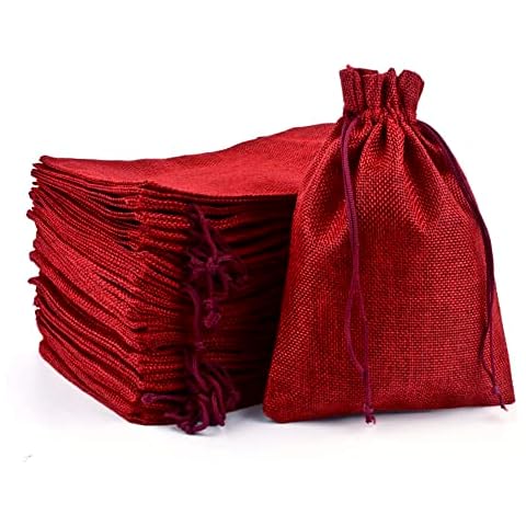 SXUUXB Pack of 20 Jute Bags, Cotton Bags, Linen Bags with Drawstring, Reusable Storage Bags, Jewellery Bags, Gift Bags for Wedding, Party and Christmas (Red Wine, 17 x 23 cm) Cover