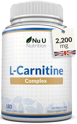 L-Carnitine Tartrate Complex 2200mg - 180 Vegan Capsules - with Chromium, Riboflavin, Biotin, Vitamin D, B3 & B6 - High Strength L Carnitine Supplement - Made in The UK - Nu U Nutrition