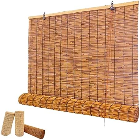 Outdoor Reed Roller Blinds,Retro Bamboo Roll Up, Roman, Porch Blackout Roller Blind Privacy Protection, Easy Installation, Coffee23x59in（WxH