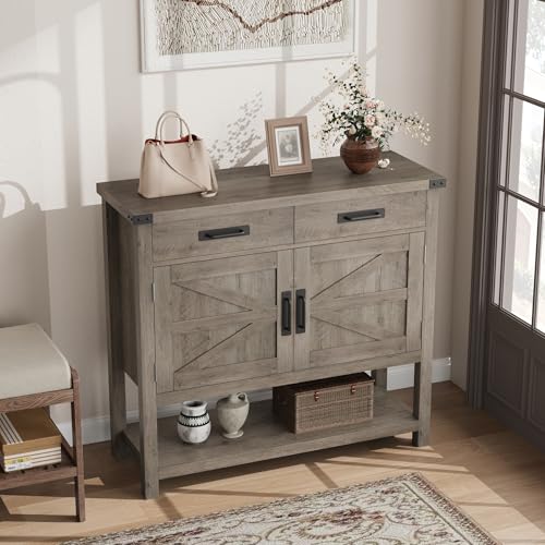 Farmhouse Console Table with 2-Door Cabinet and 2 Drawers, Buffet Cabinet with Storage Shelf, Wood Coffee Bar Cabinet for Kitchen, Dining Room, Living Room, Entryway (Gray)