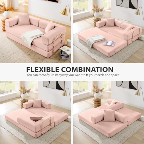 Image of HANXIN Convertible Sleeper Sofa Bed, 78 Inch Folding Floor Mattress Couch with Fixed-Shape Frame, Futon Boneless Couch Lounge Loveseat with Pull Out Bed, No Assembly Required, Pink