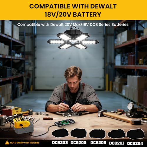 Image of LED Work Light Compatible with Dewalt 20V Battery - 68W 6800LM Ceiling Flood Light 6+1 Deformable Panels Garage Light with Type-C & USB-A, Emergency Camping Light for Shed, Workshop, Job Site