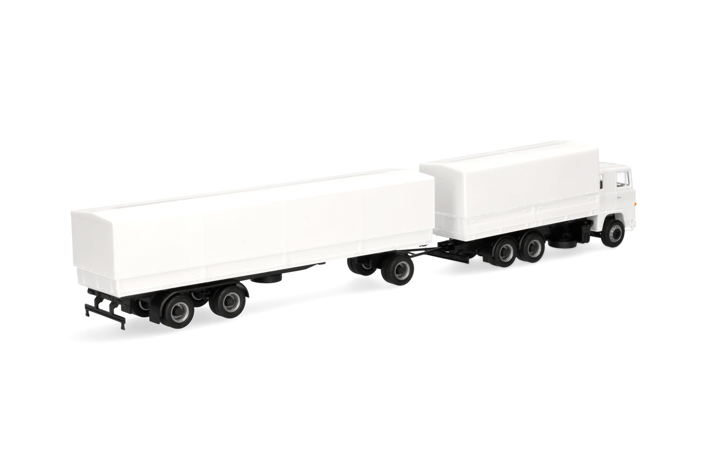 Herpa model ciężarówki Scania 141 zestaw z przyczepą plandekową, biały, miniatura w skali 1:87, model kolekcjonerski, Made in Germany, tworzywo sztuczne