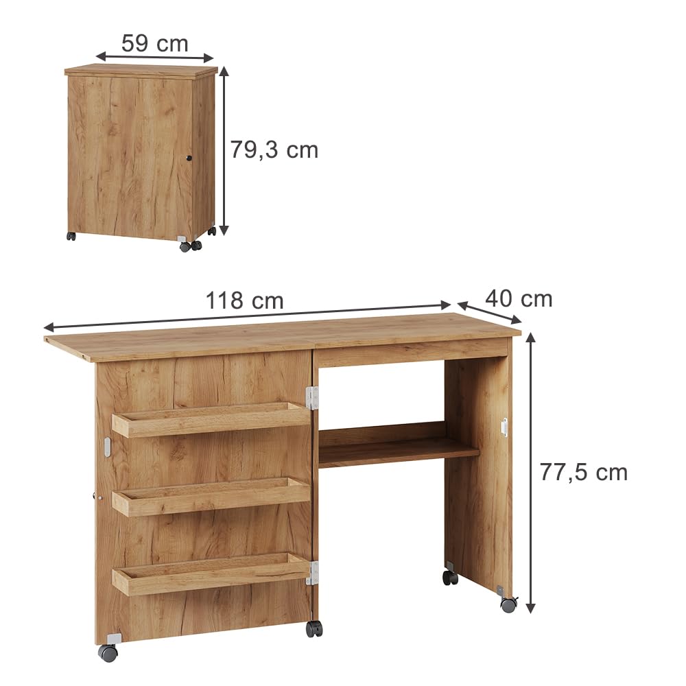 Vicco Table de Couture Carmen, Chêne, 118x77.5cm avec 3 étagères, Pliable sur roulettes pour Une Utilisation Flexible comme Table de Travail
