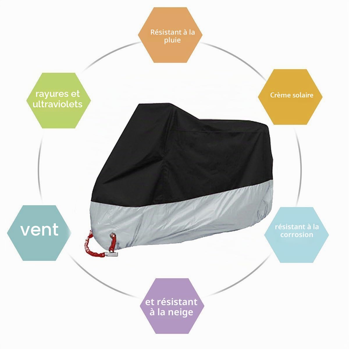 Housse de Moto XXXXL Interieur Scooter Motocyclette Couvre Protecteur UV Pluie Anti-poussière Trou de Serrure Extérieur Couvrir Étanche Noir argenté 4XL