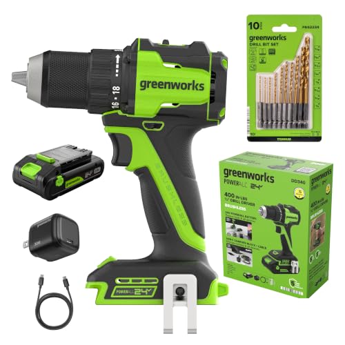Greenworks PowerAll 24V Cordless Brushless 1/2" 400 in-lbs Drill/Driver, 20+1 Ratcheting Clutch, 2.0Ah USB-C Battery (12,000mAh Power Bank),30W USB-C Charger and Cable,10PC Titanium Drill Bit Set