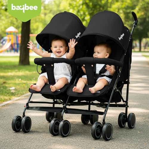 Image of Baybee 2-in-1 Twin Baby Stroller for 0-3 Years | Lightweight Foldable Pram for 0 to 5 Years | Adjustable Canopy, Safety Guardrail, Wheel Lock & Parental Handle | Baby Stroller for Boys & Girls (Black)