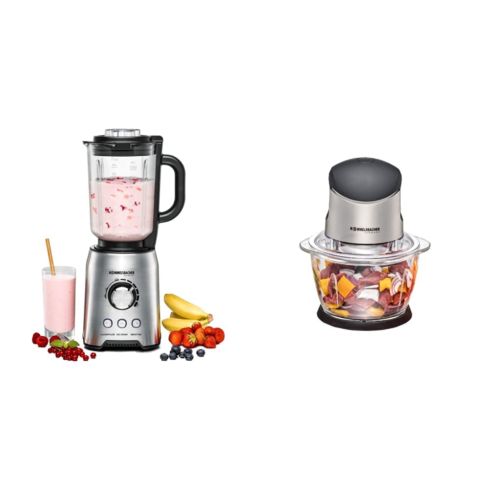 ROMMELSBACHER MX 1250 Standmixer, 1200, Edelstahl, 1.75 liters & MZ Multi Zerkleinerer 400-kraftvoller Motor, Glasbehälter, schwarz/Chrom gebürstet, 400 Watt, 4-flügeliges Spezialmesser, 1 Liter