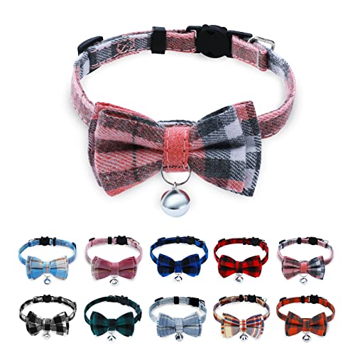 BuntyJoy Breakaway Cat Collar with Cute Bow Tie and Bell, Cat Collars for Boy Cats and Girl Cats, Safety Kitten Collars, Stylish Plaid Patterns, 1 Pack Pink
