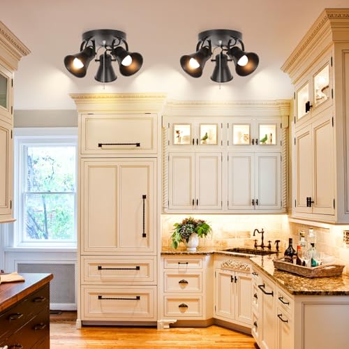 Image of 3-Light Industrial Track Lighting with Pull Chain On /Off Switch, Adjustable Round Kitchen Ceiling Light, Morden Black Flush Mount Directional Light for Kitchen, Hallway, Dining Room, Bathroom