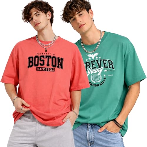 Image of London Hills Printed Cotton Blend Half Sleeve Oversized Men Round Neck Tshirts | T Shirt for Man | Tshirt | Shirts Men | Tshirt for Man | T-Shirt | Pack of 2