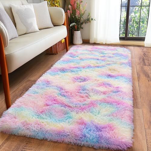 Rainbow Runner Rugs for Bedroom, 2x6 Rug Runners for Cute Girls Room, Bedside Indoor Floor Fluffy Shag Carpet, Plush Soft Rug for Nursery Dorm Kids Home Decor