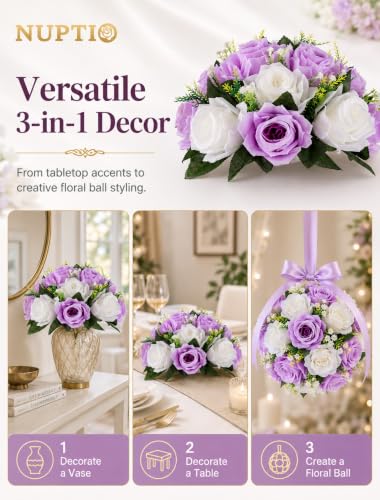 Image of NUPTIO Flower Wedding Centrepieces for Tables - 6 Pcs 9.5in Diameter Lilac & White Artificial Flowers Rose Ball for Centerpieces Table - Fake Rose Arrangements for Weddings Birthday Party Decor