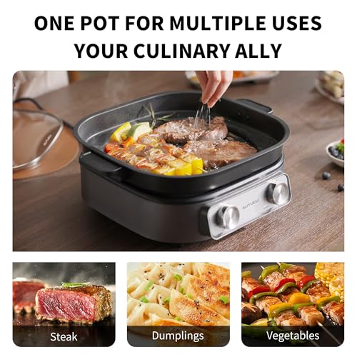 Image of 6-Quart Electric Skillet with Grill | Non-Stick PFOA-Free Ceramic-Coated Pot, 1600W, Timer & 3 Power Settings for Steak, Egg, Ramen (Includes Tongs) Pot & Grill