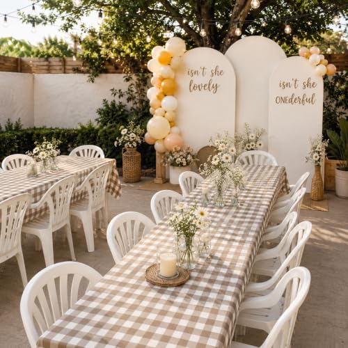 Image of Blue Orchards Brown Gingham Table Cover (Pack of 3 with 20 Glue dots) - 54 inchx108 inch XL - Brown and White Buffalo Checkered Picnic Plastic Tablecloth, Camping Decoration, Outdoor Birthday Party Supplies
