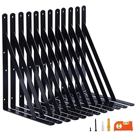 NEODROP 12-Pack 14 Inch Heavy Duty Shelf Brackets, Large Wall Bracket for Garage Storage Shelves, Black Powder-Coated Steel Cover