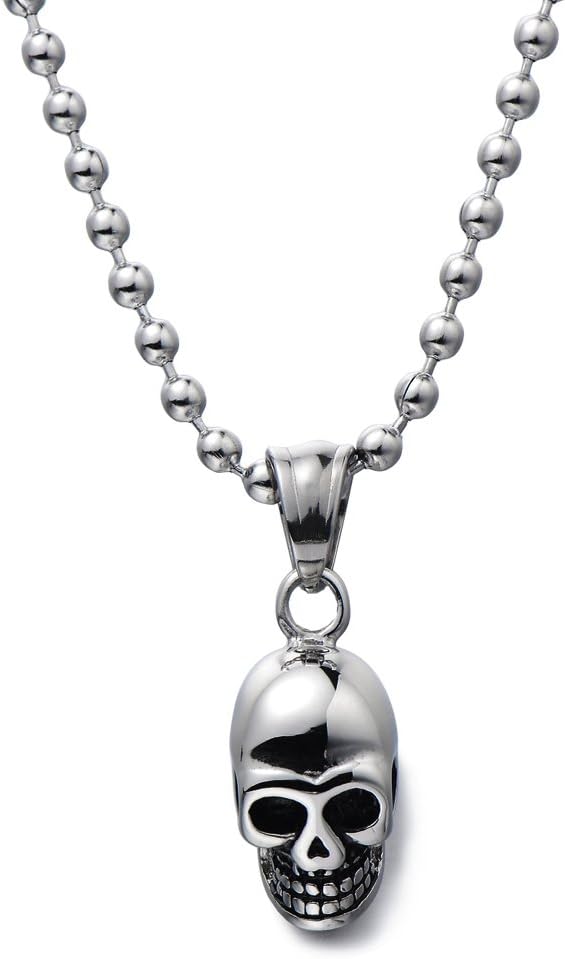 COOLSTEELANDBEYOND Stainless Steel Skull Pendant Necklace for Men, Silver-Tone Ball Chain Gothic Skeleton Jewelry