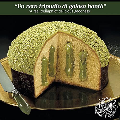 FLAMIGNI, Artisan Panettone Große Pistazie gefüllt mit Pistaziencreme, Glasiert mit weißer Schokolade und Knusprigen Pistazienkörnern, Besondere Weihnachtsgeschenkbox, 950 gr