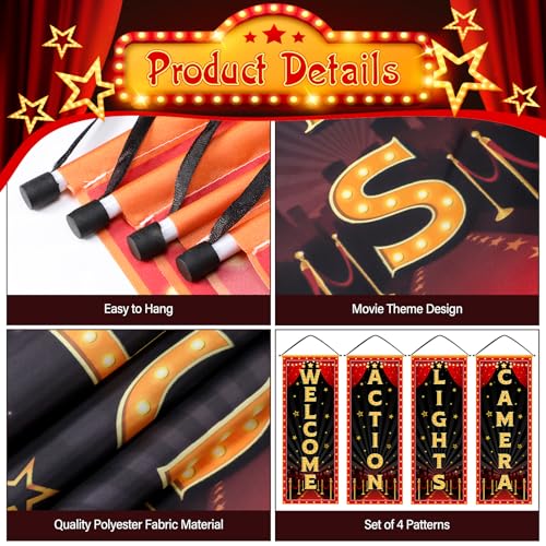 Image of Panelee 4 Pcs Movie Night Porch Banner Movie Themed Party Decorations Theater Welcome Lights Camera Action Front Door Sign Hanging Decoration for Home Photo Film Booth Backdrop Party Supplies