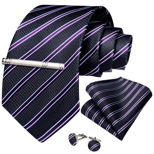 Image of DiBanGu Mens Tie Silk Plaid Striped Necktie and Pocket Square Cufflinks Tie Clip Set with Gift Box Formal Wedding Party