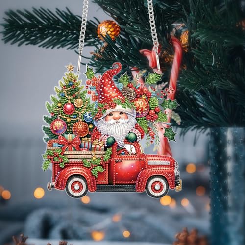 Image of 5D DIY Christmas Diamond Art Pendant Kit, Gnome, Christmas Tree & Car Design, Diamond Painting Hanging Ornament for Adults, Crystal Window & Door Decor, Holiday Gift Wall Home Decoration (24.1x23.4cm)