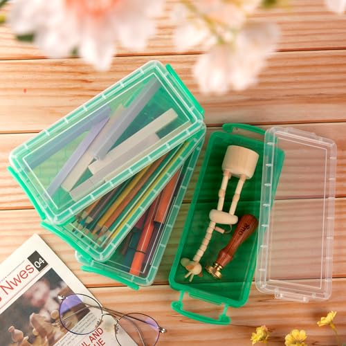 Image of Gueevin 24 Pcs Large Capacity Plastic Pencil Box Clear Plastic Pencil Case Crayon Box with Snap Tight Lid Watercolor Pen Storage Brush Organizer Drawing Tools Container (Green)