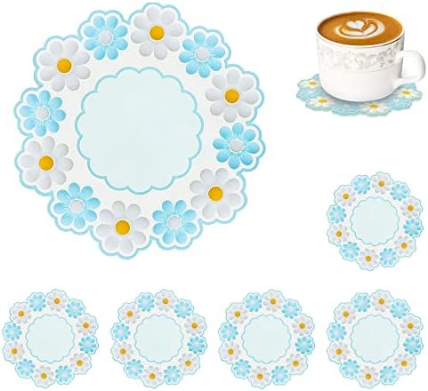Conisy Flower Coasters for Drinks,6 Pcs Cute Non-Slip Washable Reusable Heat Resistant Silicone Coasters (Small Flower,Blue)