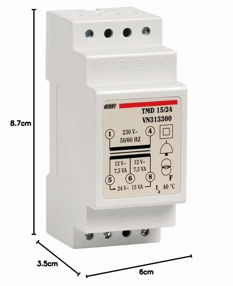 VEMER VN313300 TMD 15/24 - Transformateur 24V pour Service Discontinu (sonnette), Tension Primaire 230V, Tension Secondaire 12-24V, Puissance 15VA, Installation sur Rail Din, Blanc