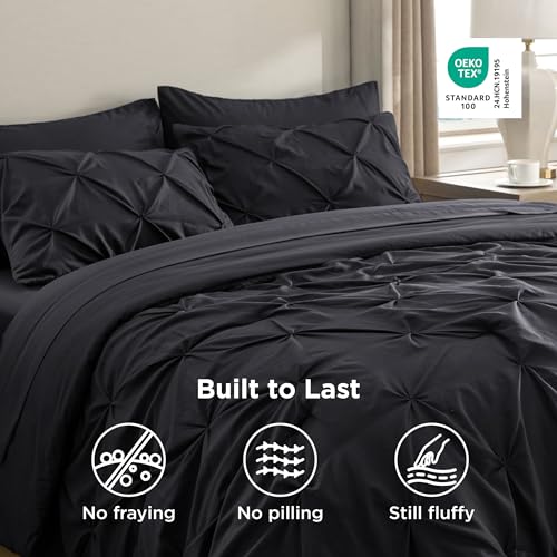 Image of Bedsure King Size Comforter Set Black - Bed in a Bag Bedding Set 7 Pieces, GentleSoft Pintuck Bed Set Gift for Family, All Season Down Alternative Comforter with Sheets, Pillowcases & Shams