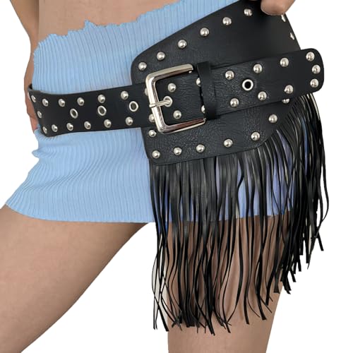 ITODA Punk Tassel Wide Waist Belt Women Fringe Hip Hippie Cover Up Western Gothic Party Nightclub Rave Costume Outfits Band