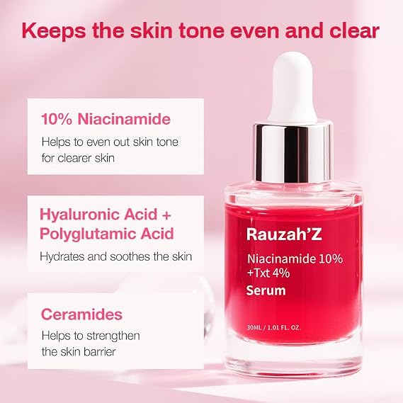 Niacinamide 10% Facial Serum with TXT 4%, Pore Refining & Skin Brightening Treatment, Hydrating Face Serum in Red Glass Bottle, 30ml / 1.01 fl oz