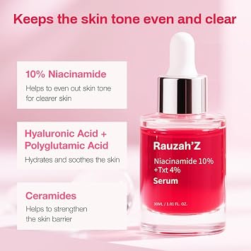 Niacinamide 10% Facial Serum with TXT 4%, Pore Refining & Skin Brightening Treatment, Hydrating Face Serum in Red Glass Bottle, 30ml / 1.01 fl oz