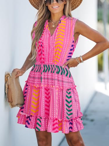 Image of CUPSHE Womens Summer Dresses Tie Neck Sleeveless Tiered Ruffle A-Line Tunic Mini Dress