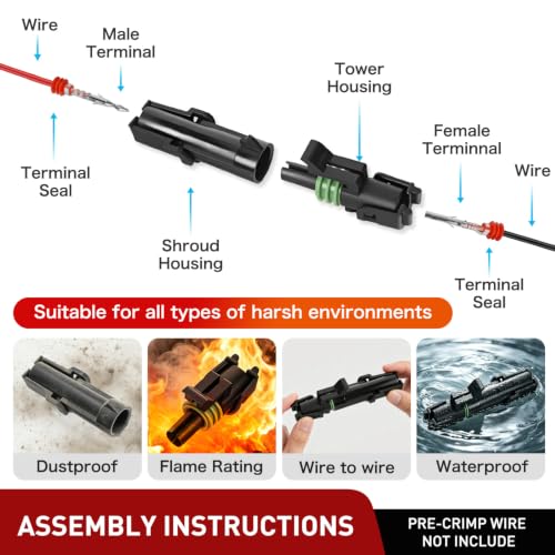Image of Nilight 60PCS 10 Kits 1 Pin Waterproof Automotive Electrical Connector Kit | Quick Connect and Disconnect Male Female Pin 20-16AWG Terminal Wire Connectors for Car Truck Motorcycle Marine Boat