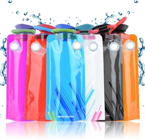 YCVSKY 1000ml 6 Stück Faltbare Trinkflasche Flexible Zusammenklappbare Wiederverwendbare Trinkflasche, Faltbare Flasche für Wandern Abenteuer Reisen (1000ML)