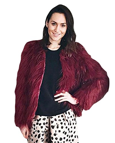 Anself Women's Shaggy Faux Fur Coat Solid Color Long Sleeve Short Jacket Burgundy