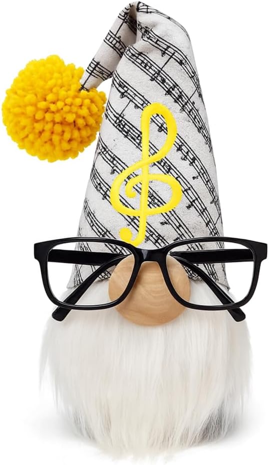 Music Theme Decorative Gnome Eyeglass Holder with White Beard, Embroidered Musical Notes Pattern Hat, 10x4 Inch