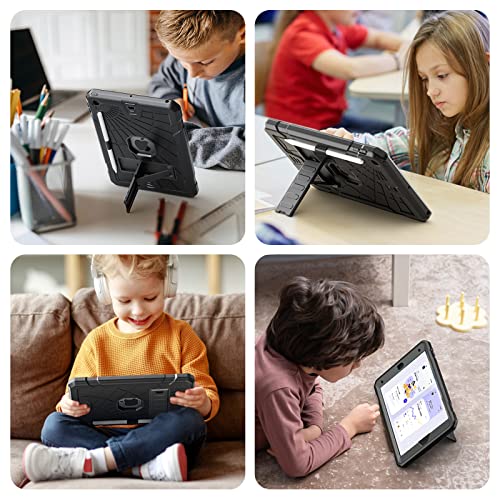 Sibeitu Case for iPad 9th Generation 10.2 Inch 2021 with Pencil Holder, Rugged Shockproof iPad 8th 7th Case 2020 2019 with Kickstand, Heavy Duty Protective Cover for Kids Boys Girls l Black