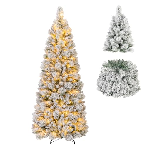 COSTWAY 6FT/7FT Pop up Artificial Christmas Tree, Pre-Lit Snow Flocked Xmas Tree with 517/680 PVC Tips & Pine Needles and 170/200 Warm White LED Lights, Seasonal Home Office Holiday Decor (180 cm)