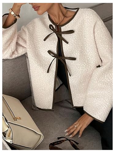 MakeMeChic Women's Fuzzy Fleece Bow Knot Coat Teddy Warm Outerwear Sherpa Jacket3