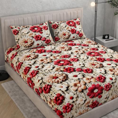 Image of 380 TC Premium Glace Cotton Elastic Fitted Bedsheet King Size with 2 Pillow Covers King Size | Double Bed with All Around Elastic (7D RED F, Fitted - 72 inchx78 inch King)