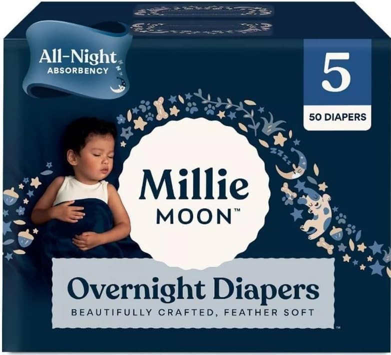 Millie Moon Overnight Diapers (Size-5 and count-50) Diaper Weight Range ~ 28 to 43 Lbs.