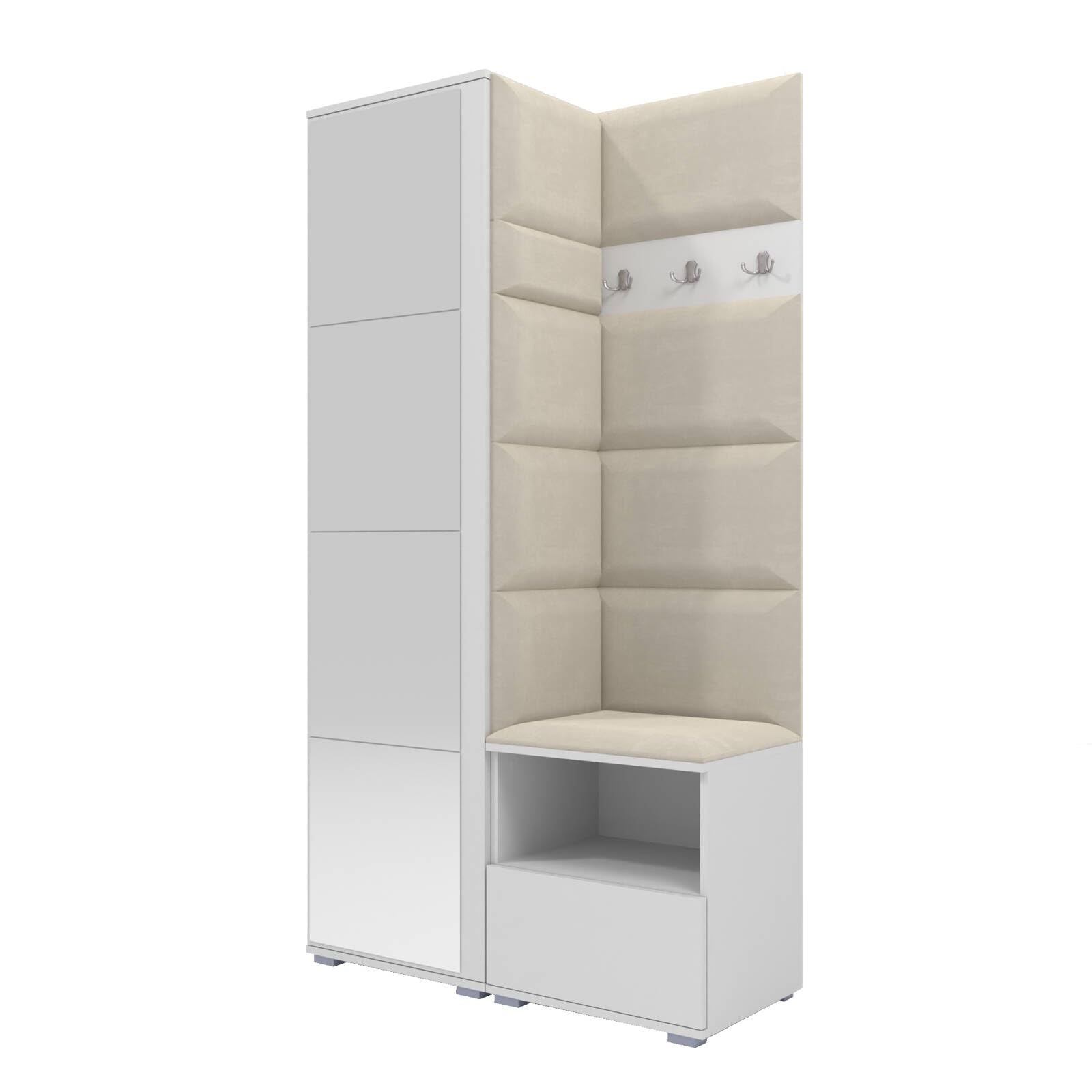 RAVIO Flurgarderobe 100 cm mit Kleiderschrank & Spiegel, Garderobenset Flur mit Schuhschrank, Sitzbank, Garderobenpaneel, Wandpolster - Weiß/Creme