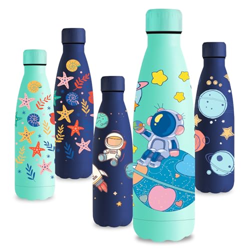 Vikastar Botella Termica, 0.5L Sin BPA, Botella Agua Acero Inoxidable, Reutilizable, Cantimplora, a Prueba de Fugas, Doble Aislamiento, Botella de Agua para Niños, Deportes, Verde - Astronauta