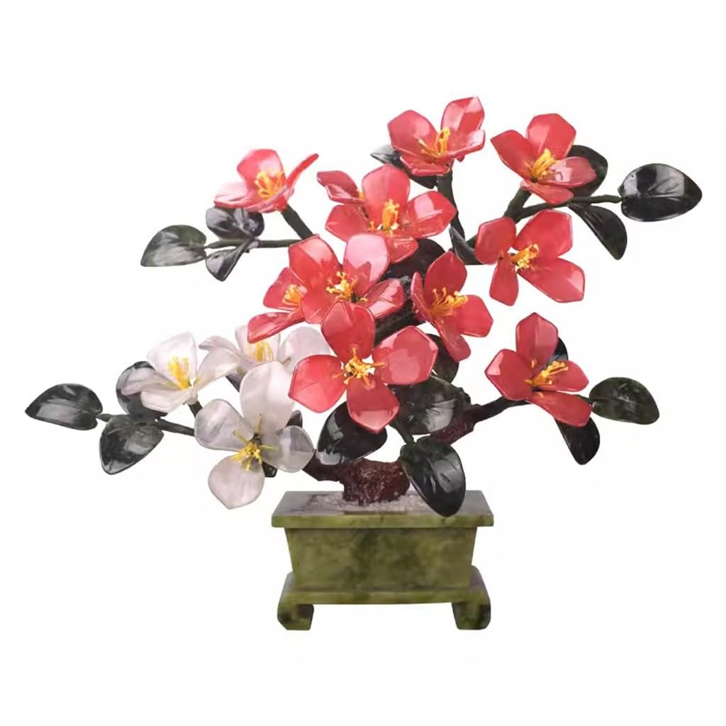 DFGHNBVC Artificial Bonsai Tree Jade Panjing Peony Flower Living Room Home Decoration Housewarming Gift Creative Jade Carving Handicraft Ornament Desktop Display Fake Plant Greenery De,