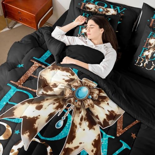 Image of Cowhide Bow Full Size Bed Sheets and Comforter Set | Dreamy Princess Style Bowknot 7-Piece Bedding Set Cow Print Bow Tie Bed in a Bag, Kawaii Geometric Bow-Tie Bed Sets,Cute Room Decor Aesthetic