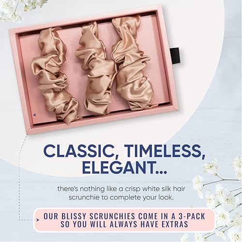 Image of Blissy Silk Scrunchies (3 Pack) - 100% Pure Mulberry Silk - 22 Momme 6A High-Grade Fibers Scrunchie for Straight & Curly Hair - Preventing Breakage, Tangling, & Creasing (Rose Regular)