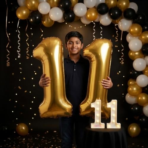 Image of Balloonistics Gold 40-Inch Foil Number 11 Balloon with Matching LED Marquee Light - Combo Set for 11th Birthday, Anniversary, Party Decoration, Photo Booth Backdrop