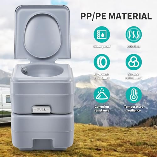 Image of 5.3-Gallon Portable Travel Toilet | Features Detachable Holding Tank /Sealing Slide Valve & Bellow-Type Flush | Easy Transport w /Compact Lightweight Design & Carry Handle | Gray